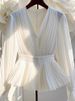 Early Autumn New Style Elegant V-neck Long-sleeve Top, Mature French Niche Unique Beautiful Blouse, Light Luxury White_ecoleips.com