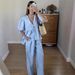 2025 French Sweet Atmosphere Solid Color V-neck Puff Short Sleeve Tie Long Pants Set Women's Wholesale_ecoleips.com