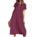 Women's Clothing New Solid Color V Neck Short Sleeved Loose Casual Long Women's Cotton And Linen Dress_ecoleips.com