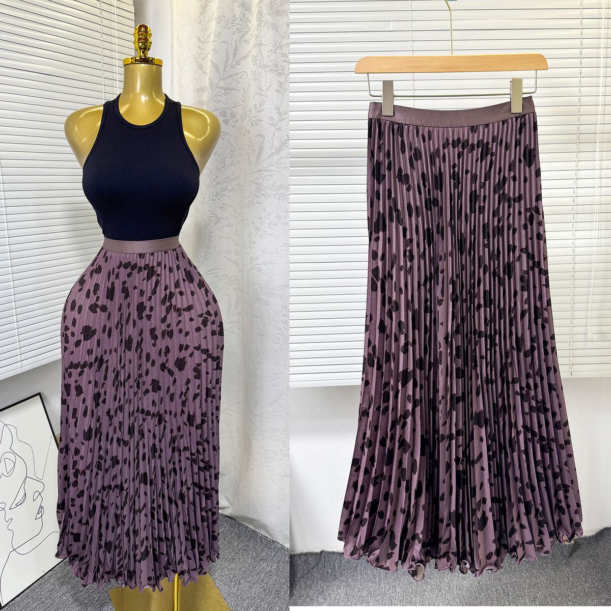 High-Waisted Flared Skirt – A-Line Pleated Midi Skirt With Elastic Waist (Leopard/Geometric/Floral Prints) | Versatile & Feminine_ecoleips.com