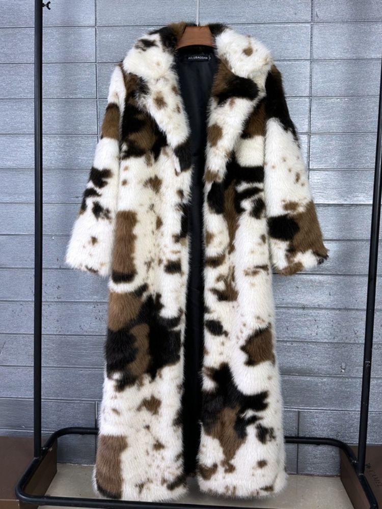 K Thick Cow Patterned Fur Coat For Women, Faux Fur, Elongated Suit Collar Coat_ecoleips.com