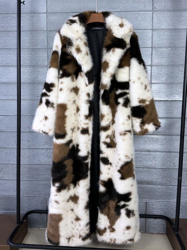 K Thick Cow Patterned Fur Coat For Women, Faux Fur, Elongated Suit Collar Coat_ecoleips.com
