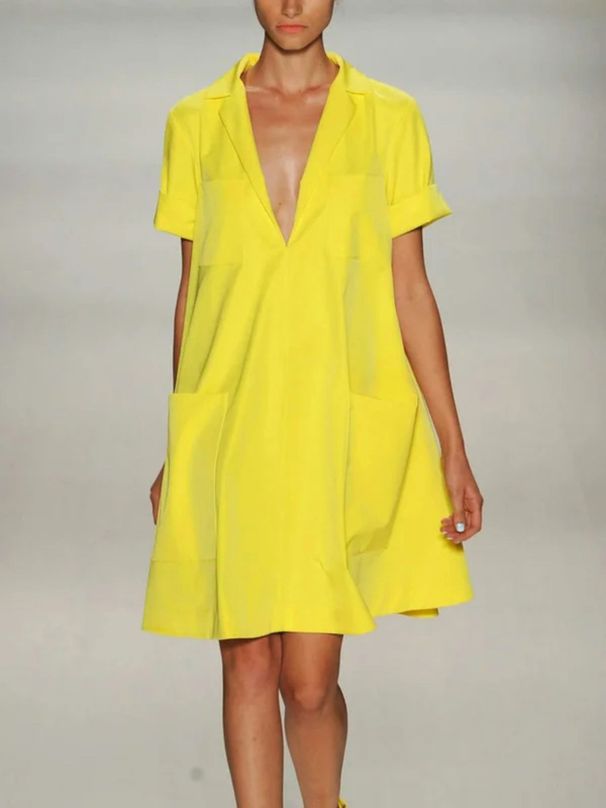Freeacy 2025 Summer Loose Fit Shirt Dress For Women Solid Yellow Lapel V-neck Pockets Short Sleeves Knee Length Summer Dresses_ecoleips.com