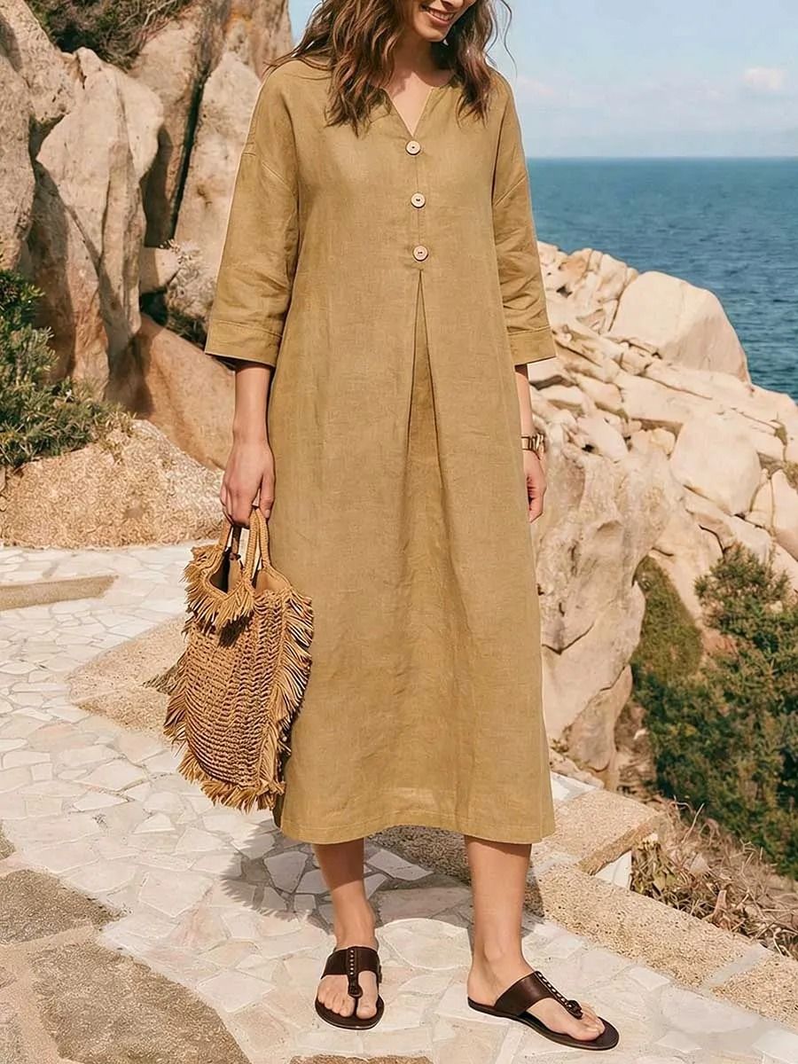 Women's Cotton Linen V Neck Button Up Dress Solid Color Three Quarter Sleeve Mid Length Spring Summer New Europe America_ecoleips.com
