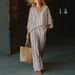 Summer Women's Mid Sleeve Round Neck Top Print Striped Color Block Casual Straight Suit_ecoleips.com
