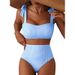 Women's Striped High-Waisted Bikini Set 2 Piece Swimwear Lace-Up Shoulder Detailing_ecoleips.com