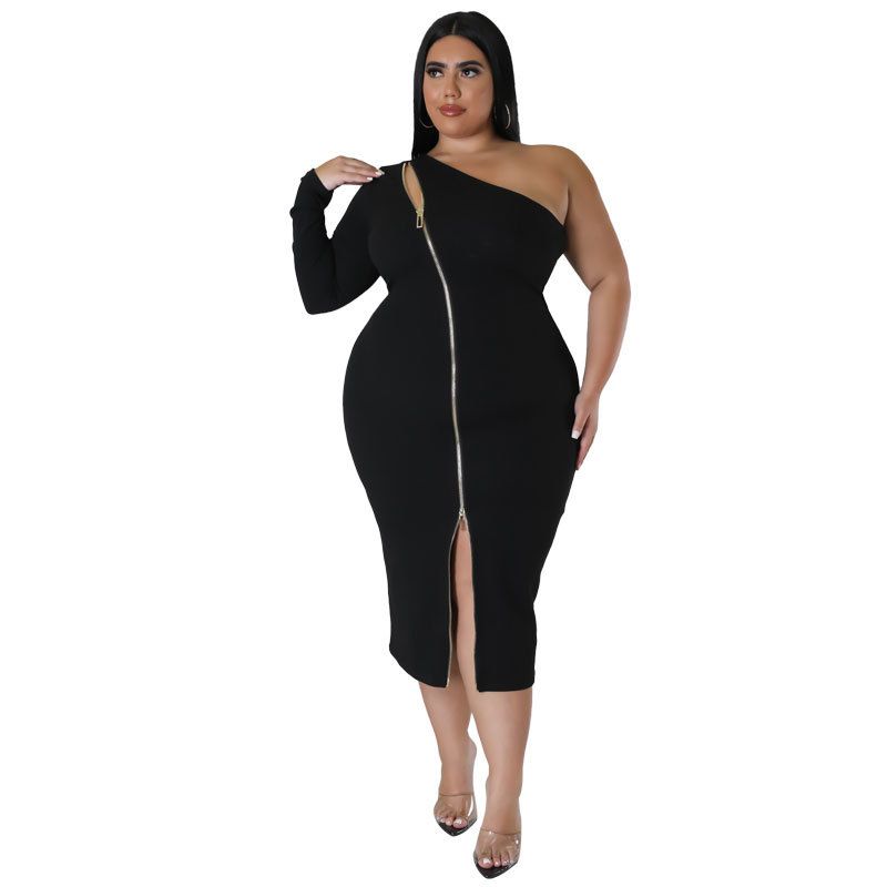 Plus Size Mesh Long Sleeve Dress With Side Slit, Asymmetric Neckline And Zipper Detail For Elegant Occasions_ecoleips.com