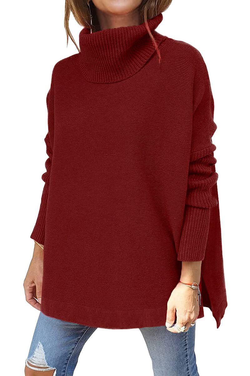 Women's High Neck Batwing Sleeve Tunic Sweater - Soft Acrylic Knit, Slim Fit, Elegant Casual Wear (White, Khaki, Black, Navy, Brown, Beige, Burgundy)_ecoleips.com
