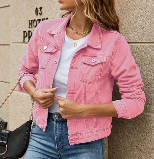 Women's Clothing Fashion Slim Lapel Denim Jacket One Piece Solid Color All Match_ecoleips.com