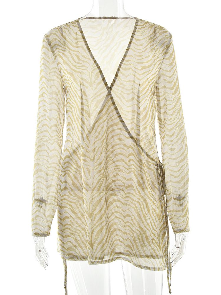JULISSA MO Printed Sexy Sheer Chiffon V-neck Women Mini Dress Long Sleeve Lace Up Dresses Summer Loose Elegant Outdoor Beachwear_ecoleips.com