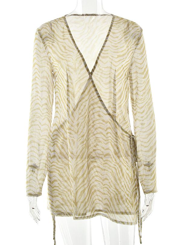 JULISSA MO Printed Sexy Sheer Chiffon V-neck Women Mini Dress Long Sleeve Lace Up Dresses Summer Loose Elegant Outdoor Beachwear_ecoleips.com