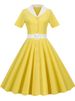 Vintage Turn-down Collar Blue Summer Dress For Women Elegant Short Sleeve Solid Office Party Midi Sundress A-line High Waist_ecoleips.com