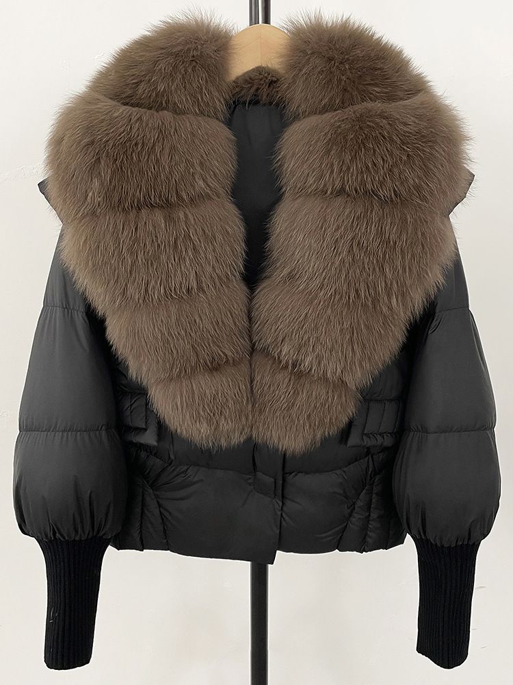 Women’s Short Puffer Jacket – Fox Fur Trim, Lightweight Down Coat (Detachable Hood, Oversized Collar, 14 Color Combos, S/M)_ecoleips.com