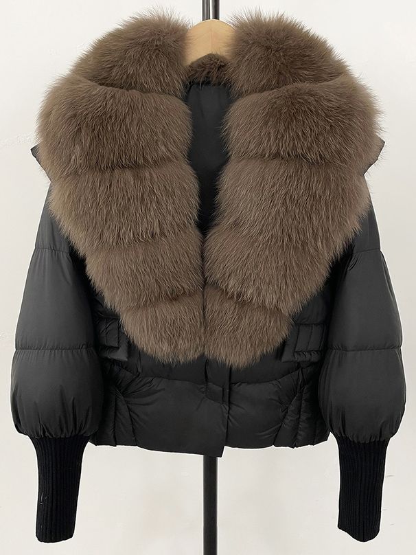 Women’s Short Puffer Jacket – Fox Fur Trim, Lightweight Down Coat (Detachable Hood, Oversized Collar, 14 Color Combos, S/M)_ecoleips.com
