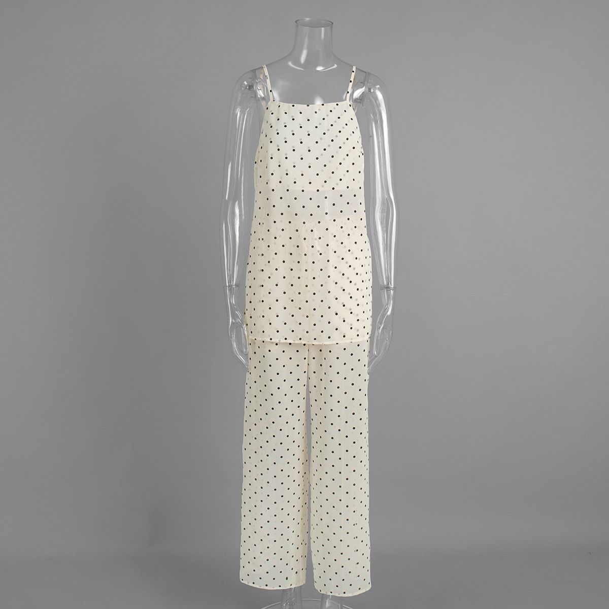 Polka Dot Sleeveless Top & Tied-Waist Pants Set – Lightweight Summer Two-Piece Outfit For Women (Beige)_ecoleips.com