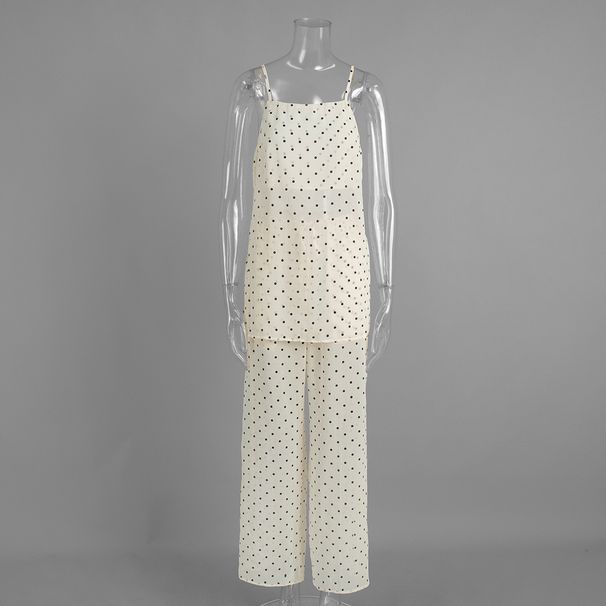 Polka Dot Sleeveless Top & Tied-Waist Pants Set – Lightweight Summer Two-Piece Outfit For Women (Beige)_ecoleips.com