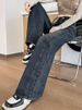 American-style High-end Petite Women's Jeans, Size 150, Fleece-lined, Black And Gray, Wide-leg, Loose-fitting, Slimming,_ecoleips.com