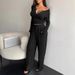 Spring And Autumn Solid-Color Short, Slim-Fit V-Neck Button-Down Long-Sleeved T-Shirt Base Layer, Wide-Leg Pants, Long P_ecoleips.com