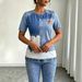 Tie-Dye Denim Print Jogger Set For Women, High-Stretch Knit Lounge Two Piece Outfit, Casual T-Shirt And Pants Co-Ord_ecoleips.com