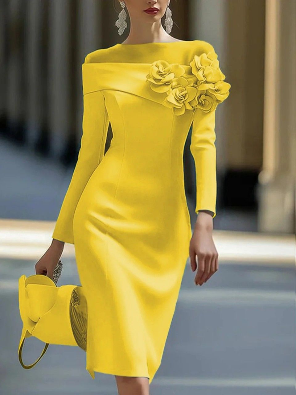 Elegant Women's Slim Fit Dress Solid Color Round Neck 3D Floral Decoration Party Dress Summer New Arriva_ecoleips.com