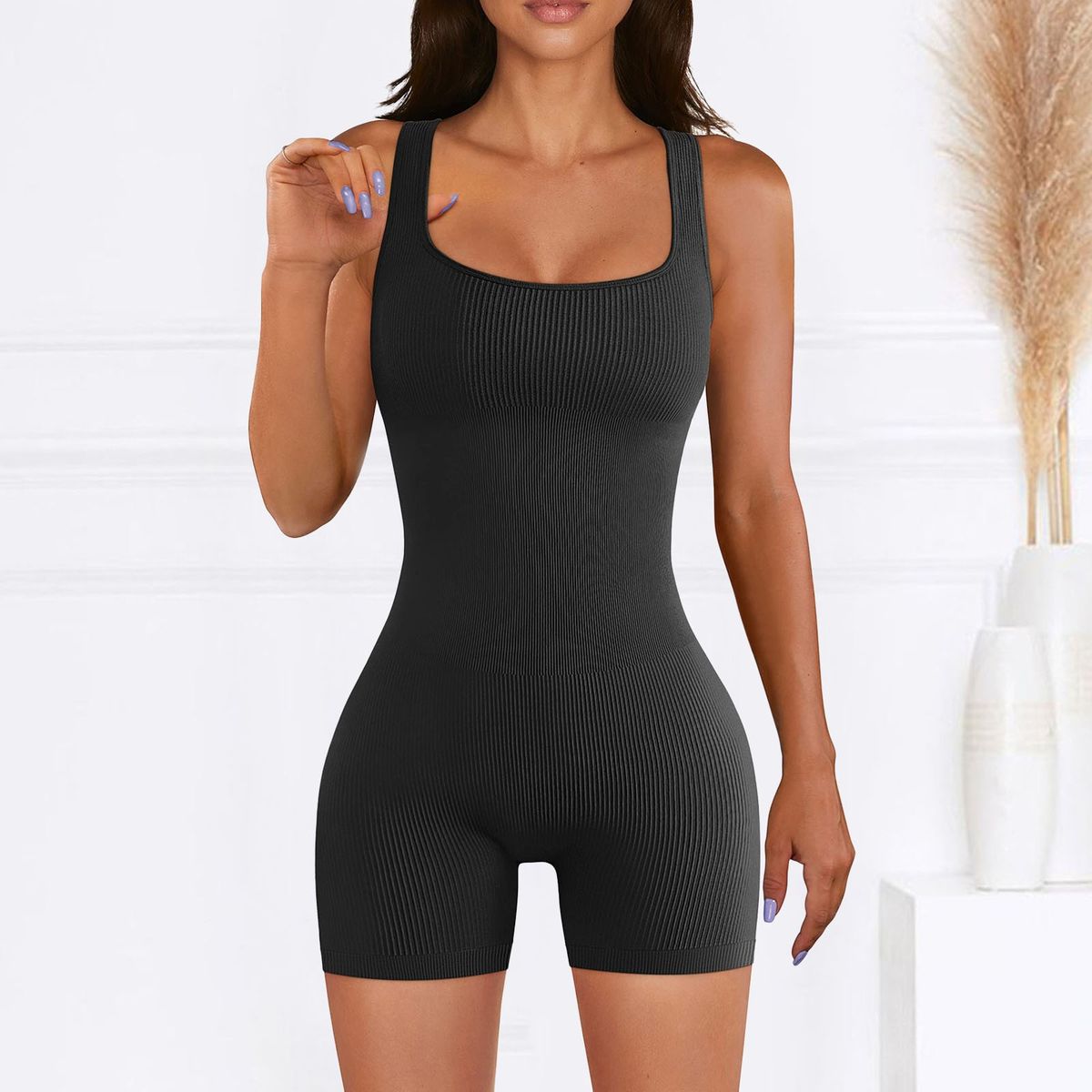 Women's Ribbed Square Neck Bodysuit Long Sleeve Jumpsuit, Tummy Control Butt Lifting Casual Romper For Fall Winter_ecoleips.com