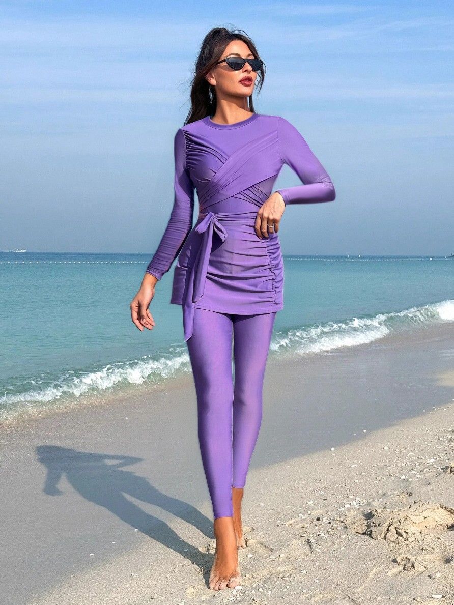Women's Clothing Solid Color Lace Up Hip Skirt Long Sleeved Round Neck High Waist Short Dress Muslim Swimsuit Female_ecoleips.com
