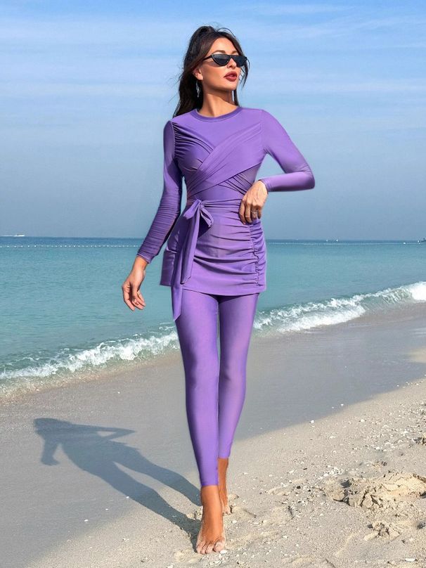 Women's Clothing Solid Color Lace Up Hip Skirt Long Sleeved Round Neck High Waist Short Dress Muslim Swimsuit Female_ecoleips.com