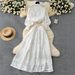 French Style Women's Age Reducing Suit Crochet Lace Lantern Sleeve Blouse High Waisted Knee Length Skirt Fashionable Set_ecoleips.com
