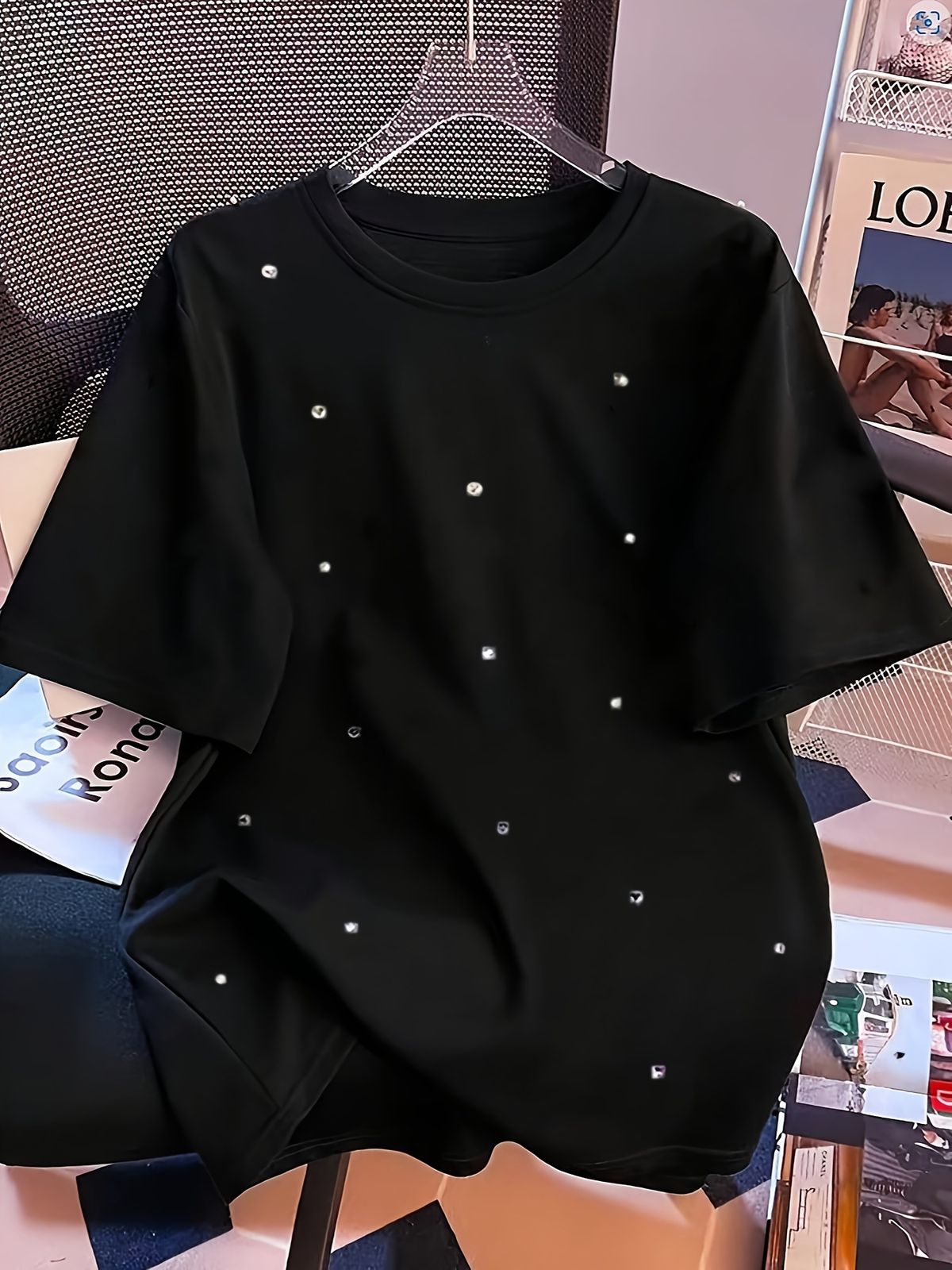 Women's Casual Short Sleeve T-Shirt Round Neck Heart Shaped Sequined Pattern New Summer Top_ecoleips.com