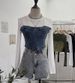 Women's Clothing Two Piece Denim Splicing Mesh Long Sleeved Top Short Navel Exposed Slim T Shirt_ecoleips.com