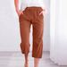 Suitable For All Seasons 2025 Women's Solid Color Drawstring Cotton Linen Casual Loose Straight Pocket Home Capri Pants_ecoleips.com