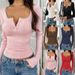 Women's Clothing Women's Lace Button V Neck Long Sleeve Top Slim Fit Style Fashion Autumn Winter Top For Formal & Casual For Women_ecoleips.com