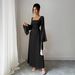 Elegant Square Neck Long Sleeve Midi Dress Vintage Inspired Solid Color Ruffle Cuff Bell Sleeve for Women_ecoleips.com