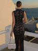 Fantoye Sexy Hollow Out Lace Jacquard Round Neck Split Women Maxi Dress Solid Sleeveless Winter Female Bodycon Elegant Vestidos_ecoleips.com