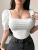 Women's Square Neck Puff Sleeve Shirt Summer Short Knitted Patchwork Top Pure Alluring Hot Style Clothing_ecoleips.com