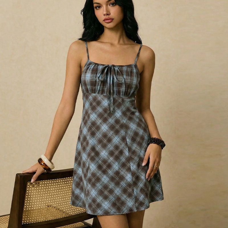 Ruihou Women's Plaid Mini Dress Sexy Autumn Short Skirt Slim Fit Casual English Style Thin Material For Summer Fashion_ecoleips.com