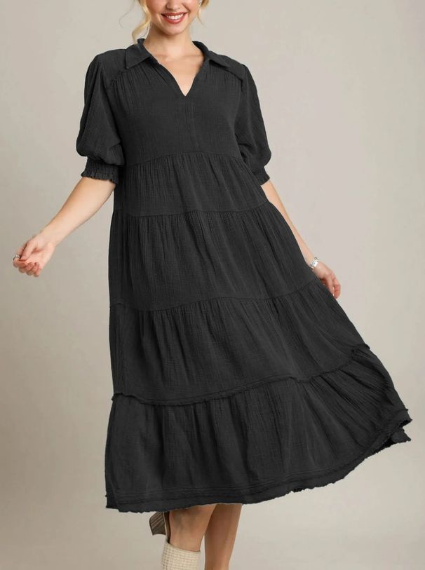 2025 New Fashion Comfortable Mid-Sleeve V-Neck Layered Dress For Women_ecoleips.com