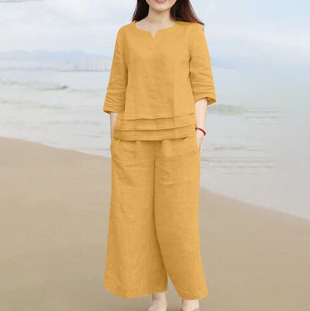 Women's Clothing New Cotton And Linen Casual Loose Solid Color Suit Two Piece Suit_ecoleips.com