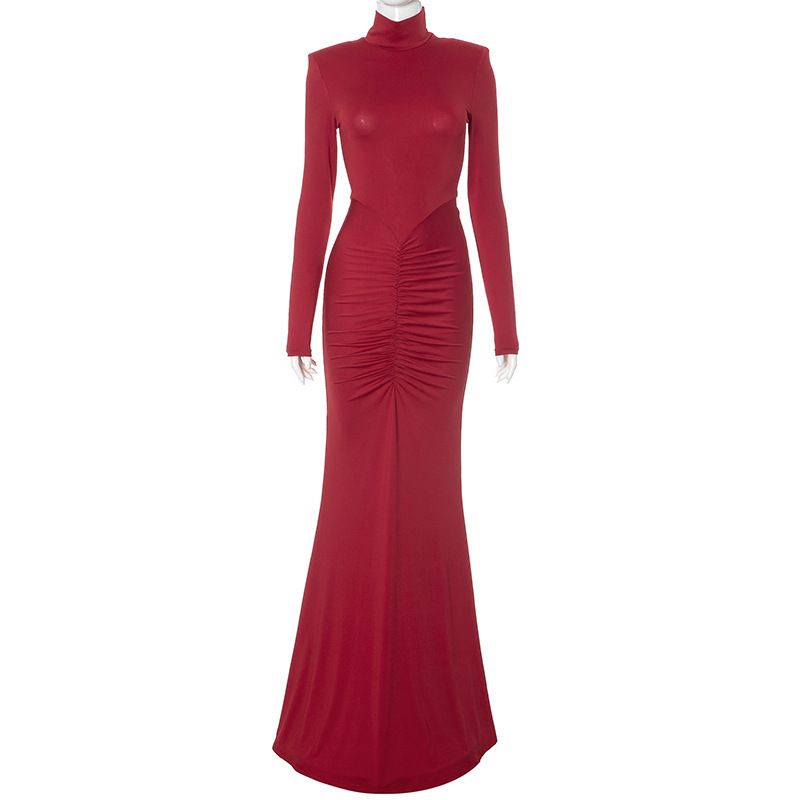 Women's High Neck Long Sleeve Skirt Floor Length Fishtail European American Style Padded Shoulders Gathered Hips_ecoleips.com