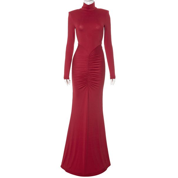 Women's High Neck Long Sleeve Skirt Floor Length Fishtail European American Style Padded Shoulders Gathered Hips_ecoleips.com