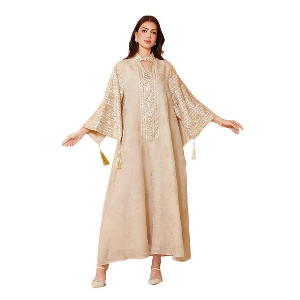 Elegant Muslim Abaya Dress With Embroidered Lace And Sequins - Long Sleeve Flared Gown For Women_ecoleips.com