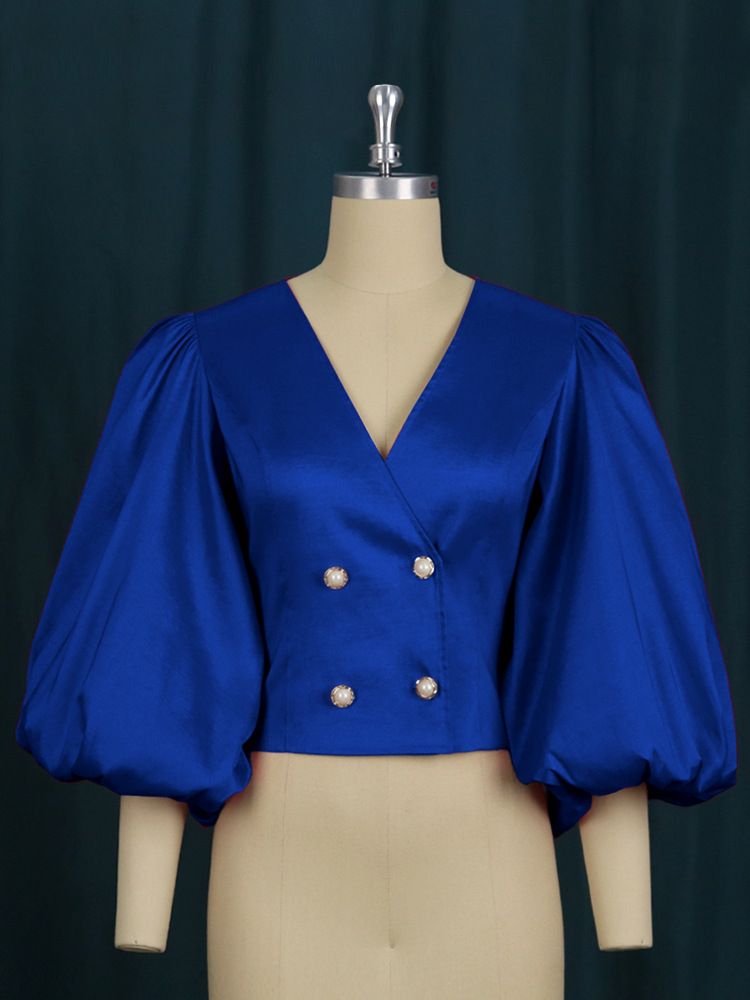 Women's Clothing Women's Slim Fit Button Cardigan V Neck Lantern Sleeve Short Party Style Shirt Tops For Formal & Casual For Women_ecoleips.com