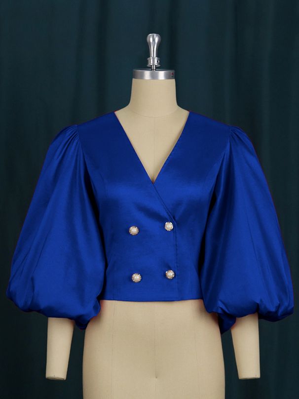 Women's Clothing Women's Slim Fit Button Cardigan V Neck Lantern Sleeve Short Party Style Shirt Tops For Formal & Casual For Women_ecoleips.com