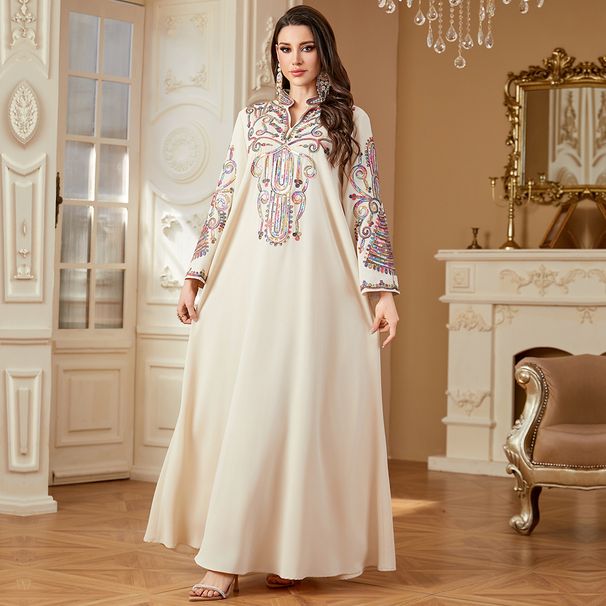 Women's Ethnic Style Long Robe V Neck Cross Border Casual Fashion Skirt with Rope Embroidery Muslim Clothing Wholesale_ecoleips.com