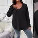2024 Fall/Winter New Solid Color Plus Size Women's Top V-Neck Long Sleeve Ribbed Brushed T-Shirt Loose Pullover_ecoleips.com