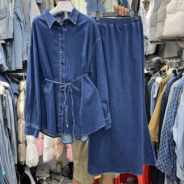 Elegant Denim Shirt & Fishtail Skirt Set – Tie-Waist Slim Fit, Autumn Streetwear Outfit_ecoleips.com