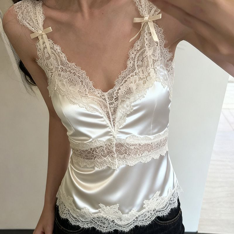 Women's Sleeveless Camisole Top Bow Tie V Neck Lace Slim Fit Pure Sexy Patchwork Solid Color Hot Girl Outerwear Vest_ecoleips.com
