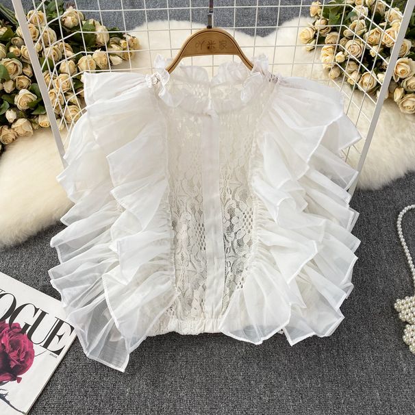 Women's Ruffle Stitching Crochet Hollow Stand-up Collar Lace Shirt Women's Fashionable Short Top_ecoleips.com