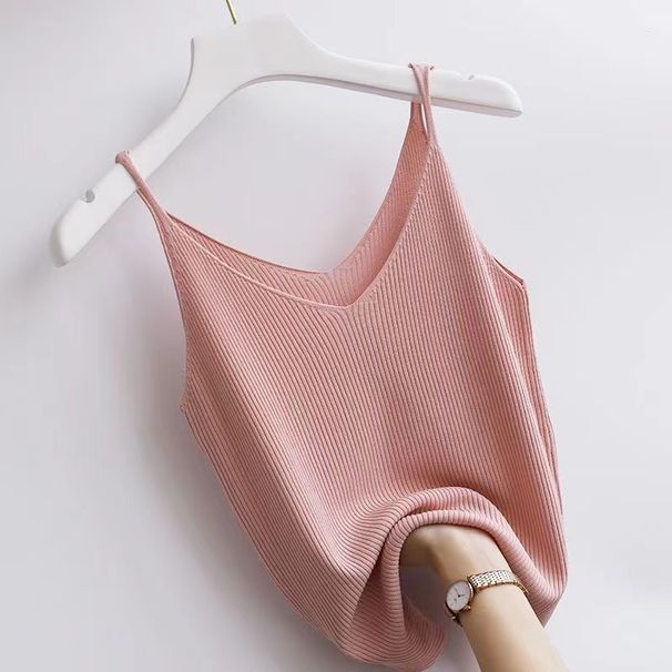 Plus Size Camisole Vest For Women, V-Neck Ice Silk Sexy Short Ribbed Knit Versatile HyunA Style Top_ecoleips.com