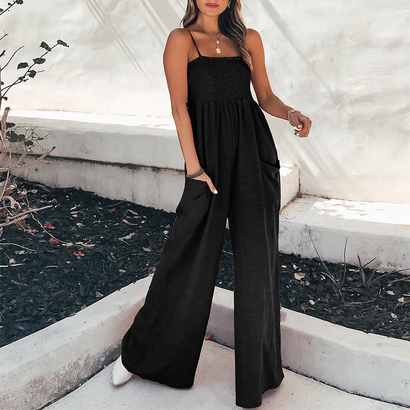 Women's Clothing Spring New Style Fashion Solid Color Pleated Tube Top Simple Slim High Waist Suspender Jumpsuit_ecoleips.com